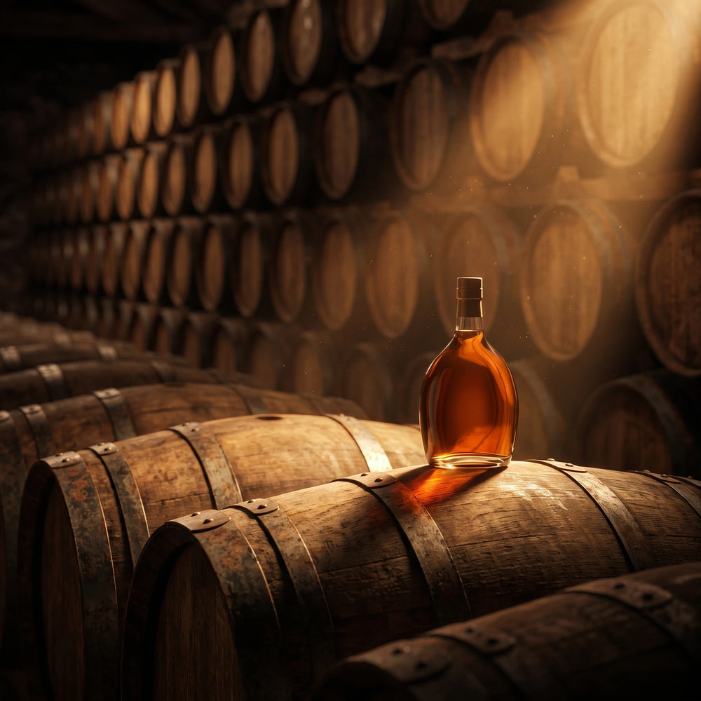 Ein dunkler Keller mit Holzfässern, darauf eine Hennessy Cognac Flasche