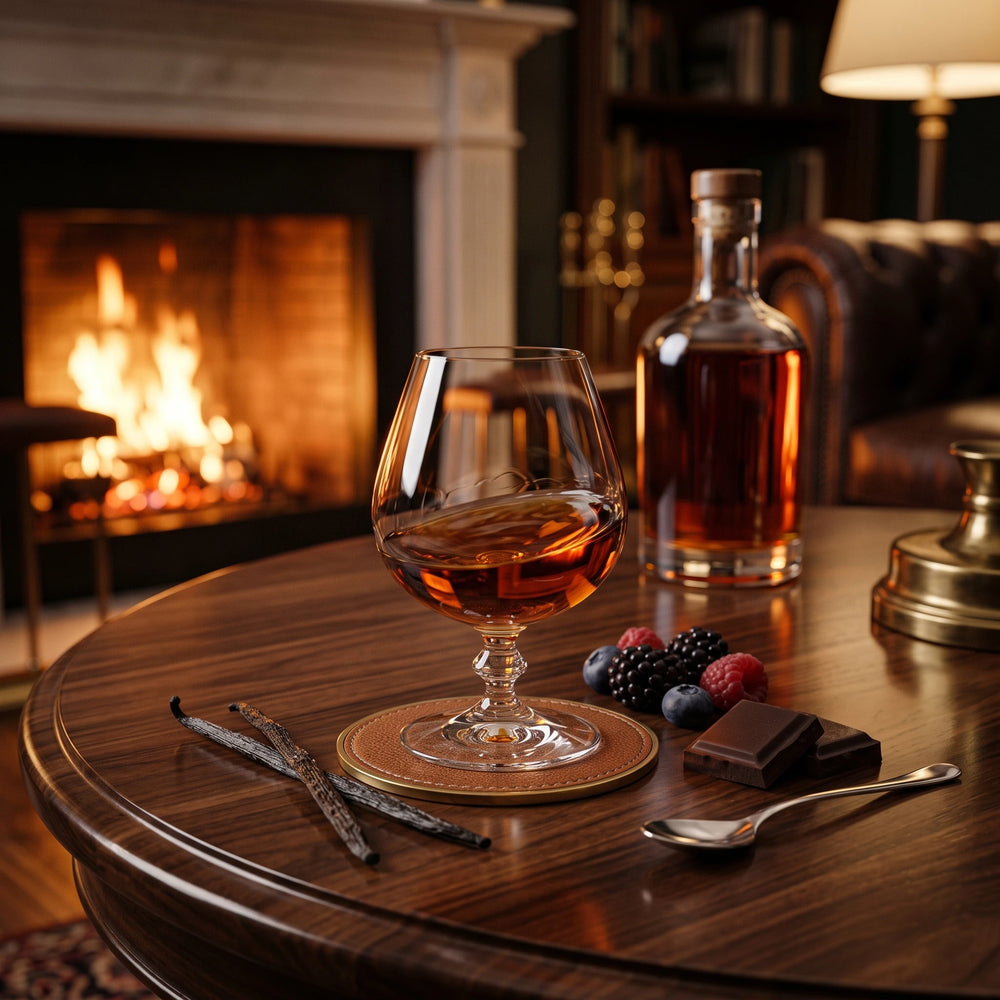 Ein Glas Hennessy Cognac auf einem Tisch, im Hintergrund eine Flasche.