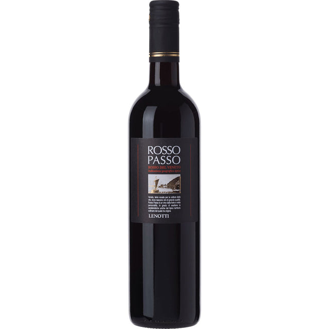 Eine Flasche Lenotti Rosso Passo Rosso Del Veneto 2023, ein italienischer Rotwein von Lenotti, mit einem dunklen Etikett und einem schwarzen Schraubverschluss.