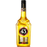 Eine 1-Liter-Flasche Licor 43 Cuarenta y tres (31 % Vol), mediterraner spanischer Likör der Marke Licor 43, mit goldfarbenem Etikett und roten, schwarzen sowie weißen Akzenten.
