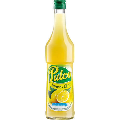 Eine 0,7-Liter-Flasche Pulco Zitronensaft von Pulco mit grünem Verschluss und gelbem Etikett mit Zitronenmotiv liefert erfrischenden Zitronengeschmack in jedem Tropfen.