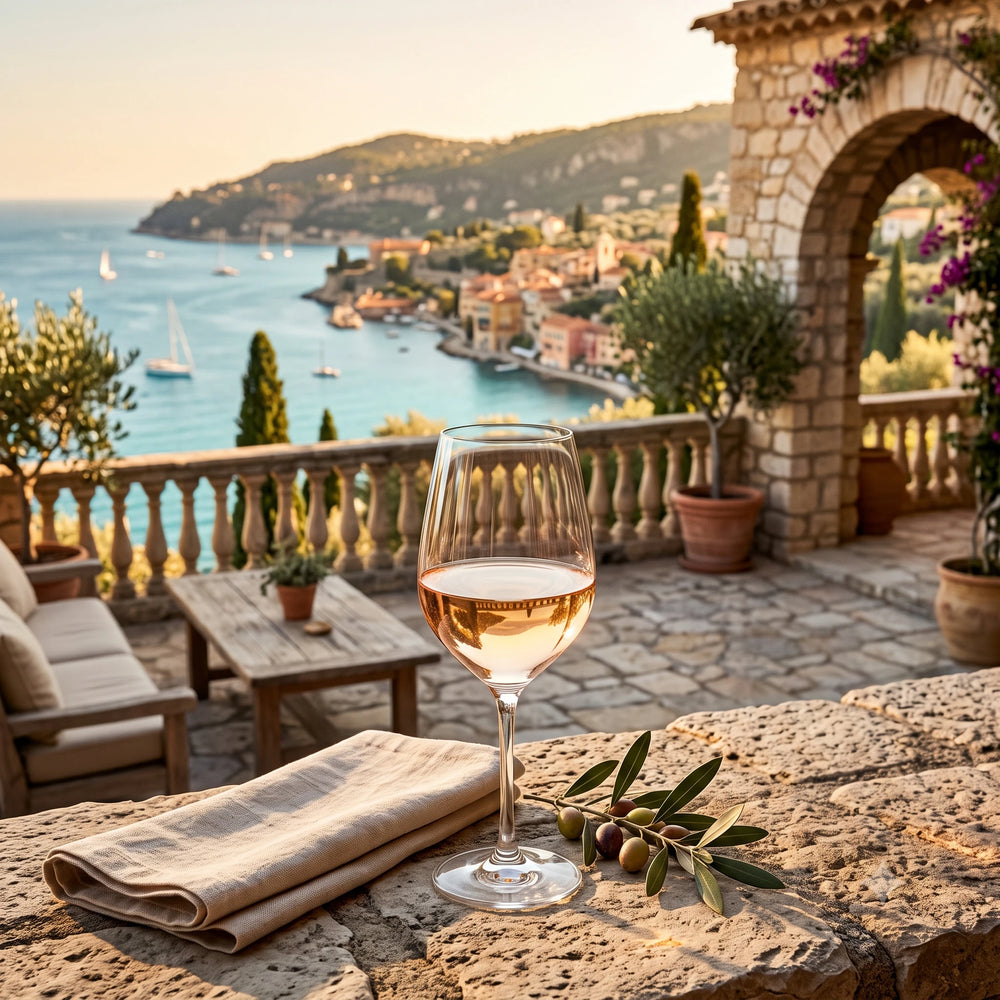 Roséwein in einem Glas und Panoramablick auf die Mittelmeerküste