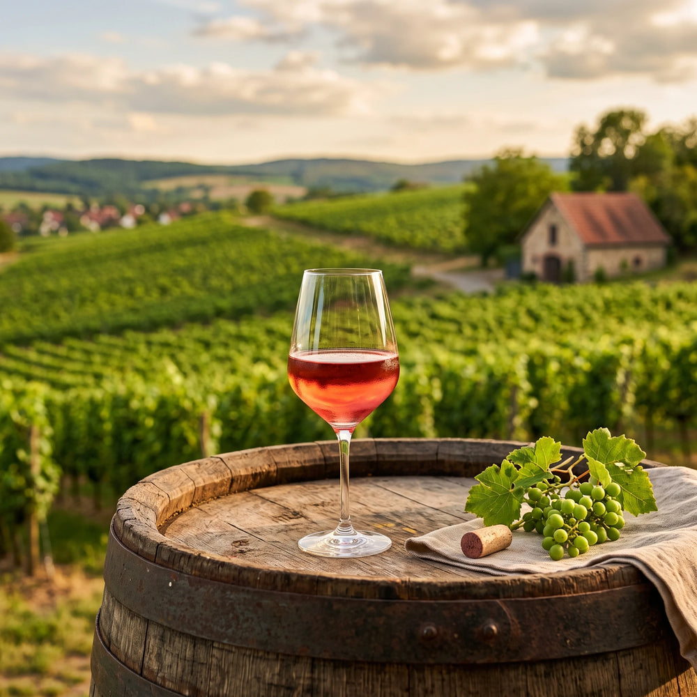 Roséwein im Glas und im Hintergrund Weinberge in Deutschland