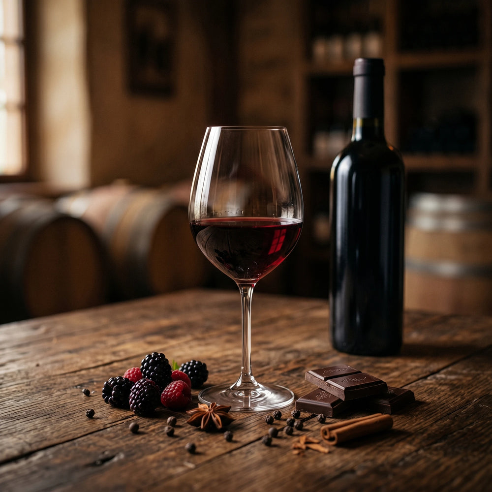 Rotwein-Glas und -Flasche und Geschmäcker symbolisch mit Beeren, Schikolade, Zimt dargestellt.