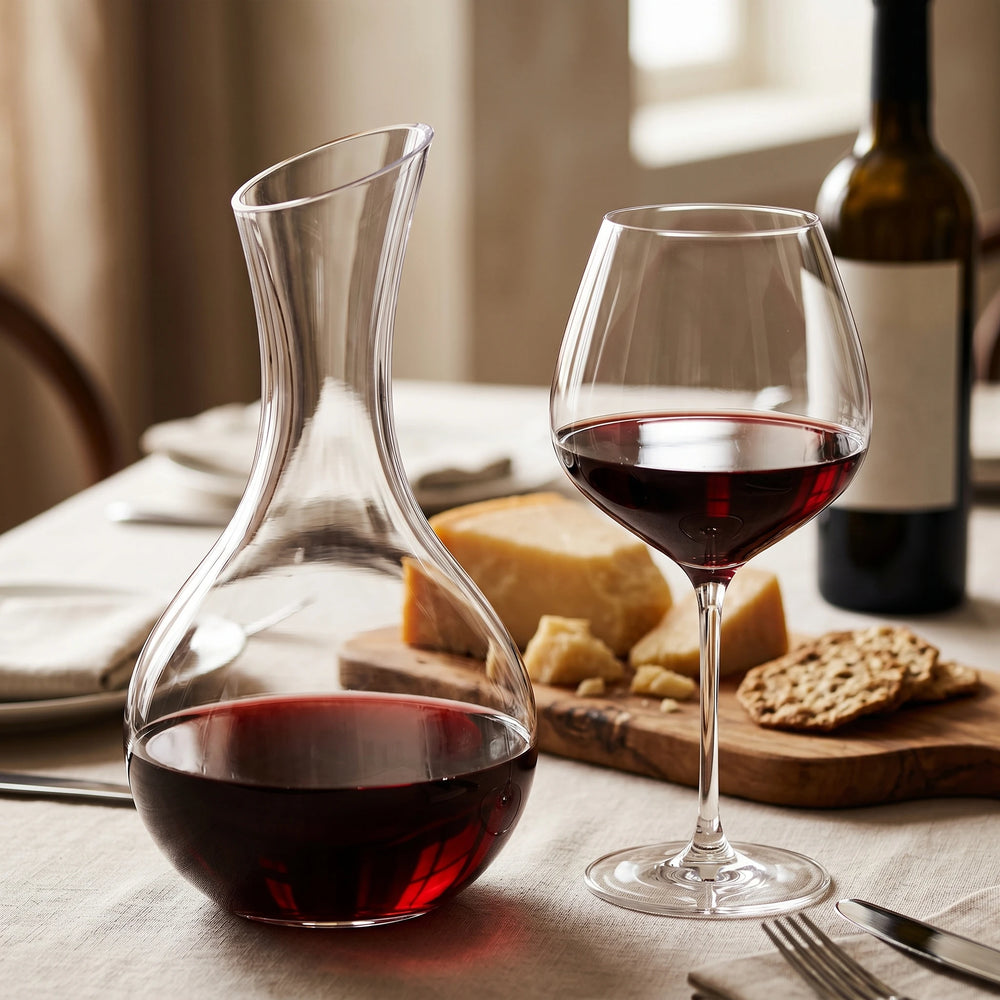 Karaffe mit Rotwein dazu Käse und Brot auf einem gedeckten Tisch