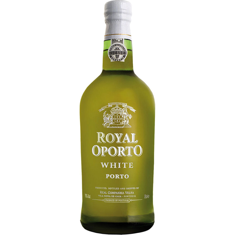Eine grüne Flasche Royal Oporto White Port 19% 0,75 Liter, ein feiner weißer Port aus dem Douro-Tal, mit einem dekorativen Etikett und Siegel am Hals.