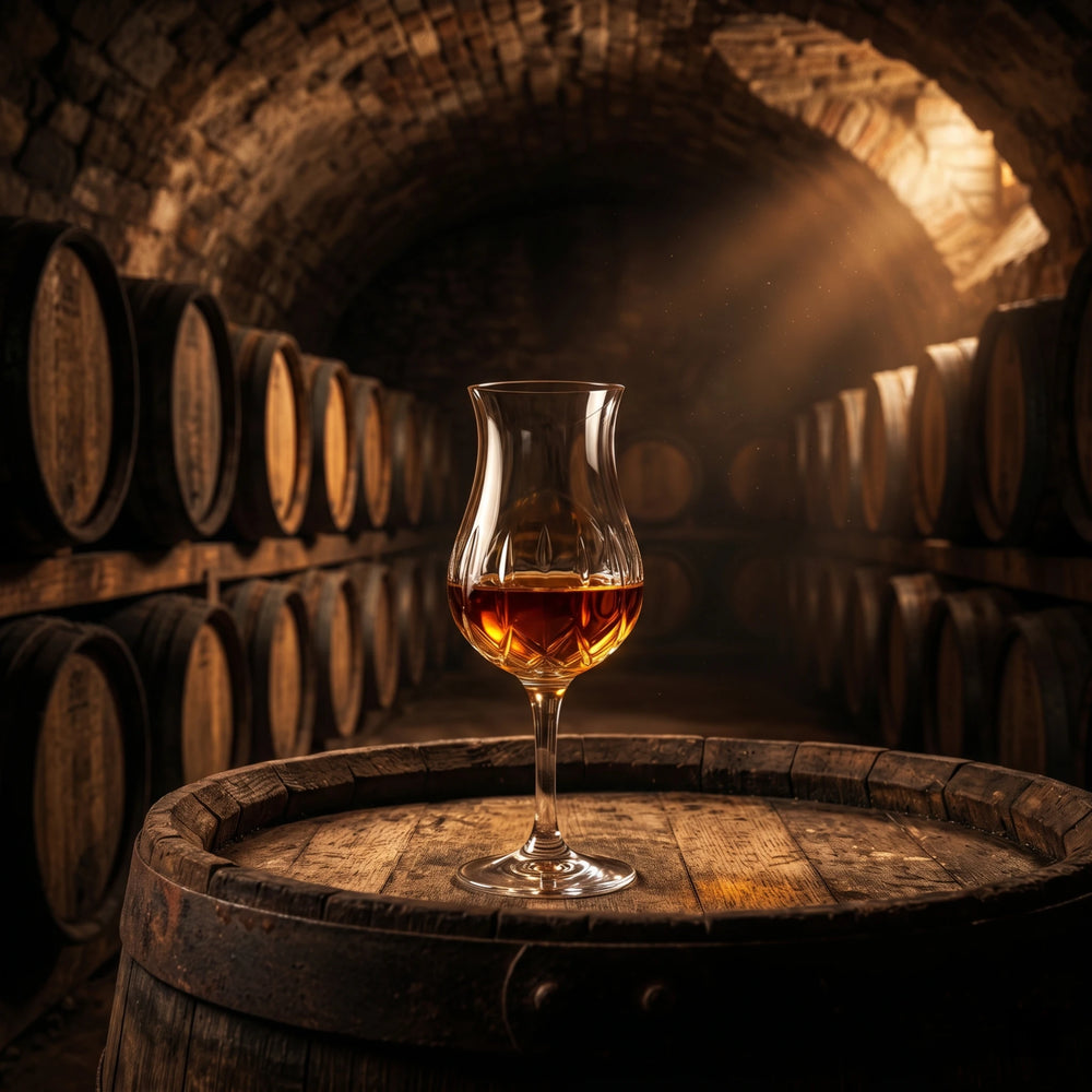 Brauner Rum im Glas auf einem Holzfass