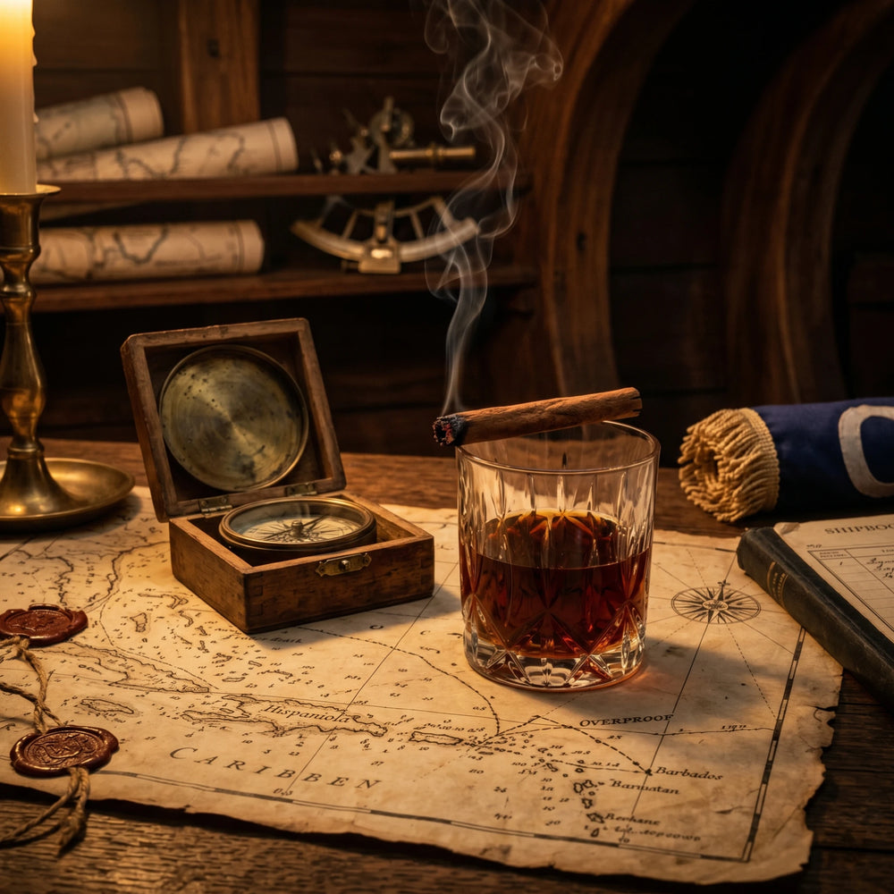 Ein Glas Rum auf einer ausgebreiteteten Karte der Karibik