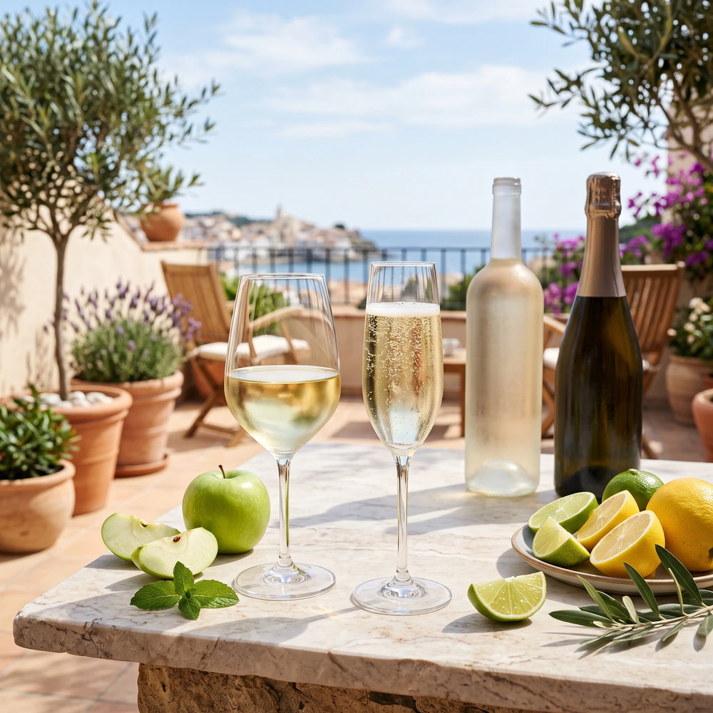 Spanischer Weißwein und Cava auf einem Tisch mit mediterranem Ambiente