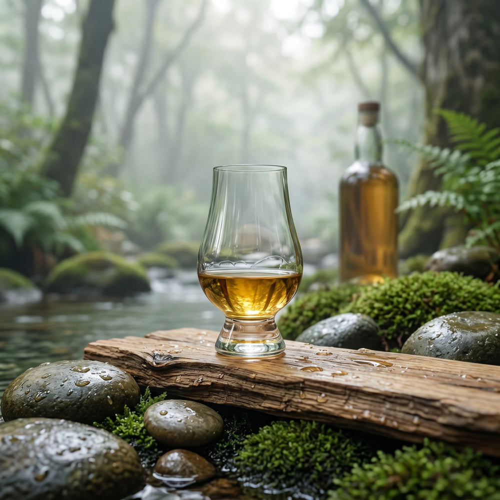 Suntory Whisky Glas nahe eines Flusses in Japan