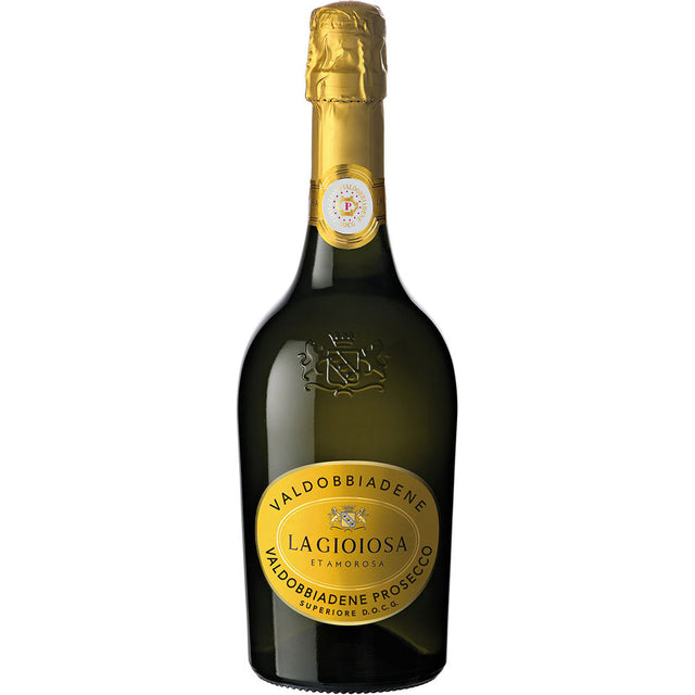 Eine 0,75-Liter-Flasche Villa Sandi Prosecco Superiore Valdobbiadene DOCG Extra Dry mit goldenem Folienverschluss und gelbem Etikett auf weißem Hintergrund.