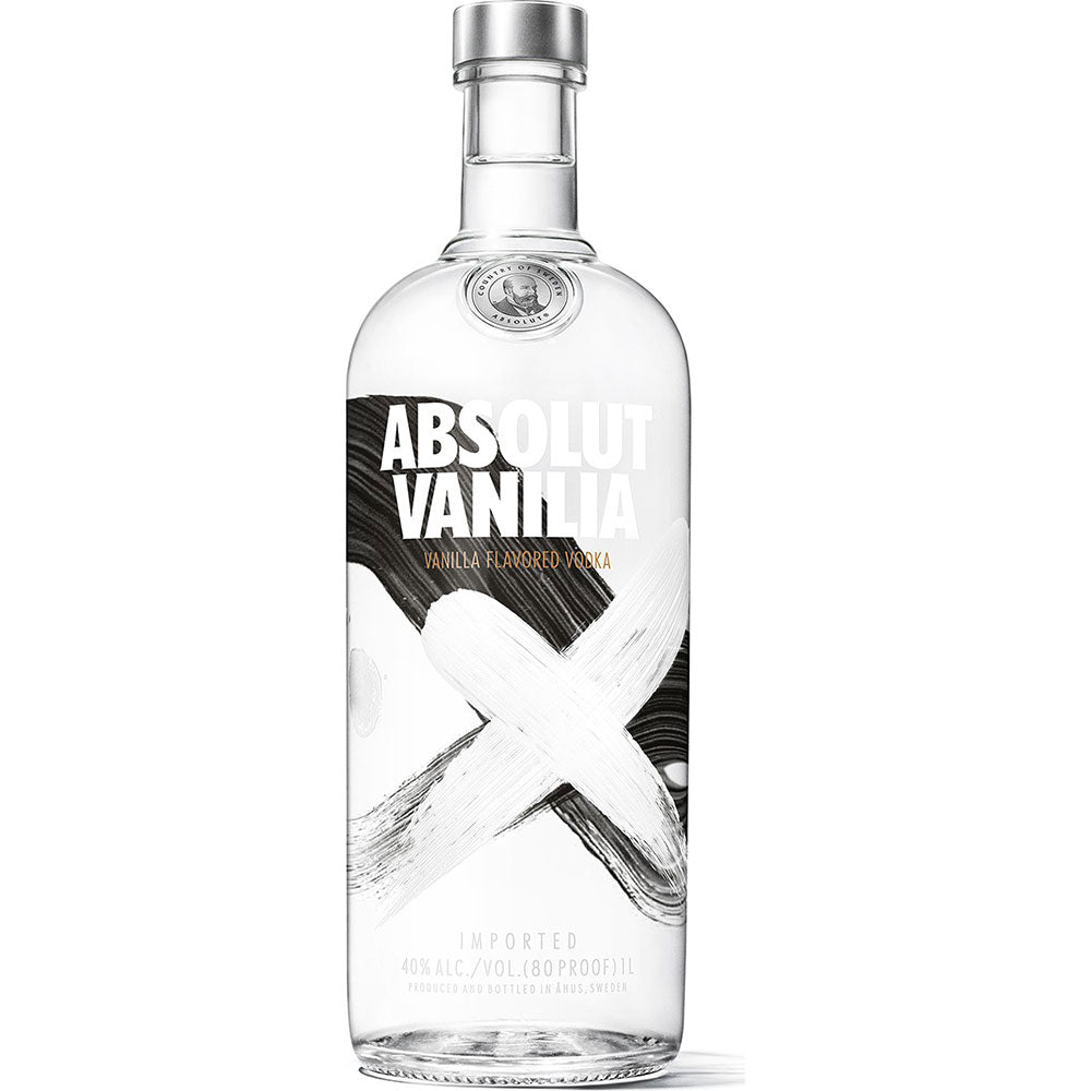 Absolut Vanilla 1 Liter von Absolut Vodka hat eine klare Flasche mit einem auffälligen schwarz-weißen Etikett, großem Text und einem gemalten X. Genießen Sie seinen sanften Vanillegeschmack und sein unverwechselbares Aussehen.