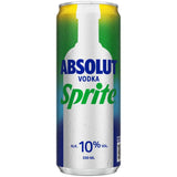 Eine Dose mit der Aufschrift „Absolut Vodka & Sprite Dose 10 % 0,33 Liter“ von Absolut Vodka besticht durch ihr grün-blau-weißes Design – dieser erfrischende Fertigcocktail vereint den milden Absolut Vodka mit spritzigem Sprite und sorgt so für das perfekte Vodka-&-Sprite-Erlebnis.
