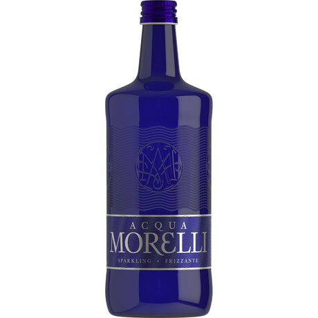 Eine tiefblaue Flasche Acqua Morelli Frizzante 0,75L (MEHRWEG) aus der 12er-Packung mit silberner Schrift auf dem Etikett.