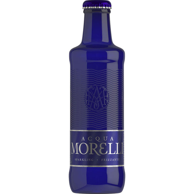 Eine blaue Glasflasche Acqua Morelli Frizzante 0,25L der Marke Acqua Morelli, mit einem dunkelblauen und silbernen Etikett.