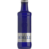 Acqua Morelli Naturale 24x 0,25L (MEHRWEG) von Acqua Morelli besteht aus einer blauen Glasflasche mit Royale-Design, silbernem Etikett und Verschluss.