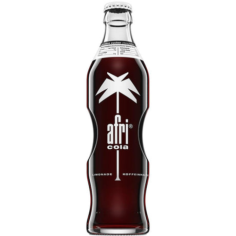 Afri Cola ohne Zucker 24x 0,33L (MEHRWEG): Glasflasche mit weißem Palmenlogo und geschwungenem Design, enthält zuckerfreie, dunkle Koffeinhaltige Limonade von Afri Cola.
