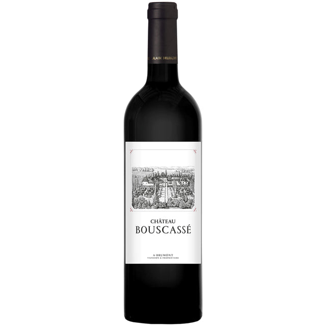 Eine Flasche Alain Brumont Château Bouscassé Madiran AOC 2019 Rotwein, die sich durch ihr weißes Etikett mit einer schwarz-weißen Weinbergillustration auszeichnet, verkörpert den einzigartigen Charakter der Tannat-Traube.