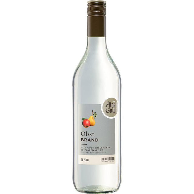 Klarglasflasche Alde Gott Badischer Obstbrand 38% 1 Liter von Alde Gott Edelbrände Schwarzwald, mit grauem Etikett, auf dem ein Apfel und eine Birne abgebildet sind.