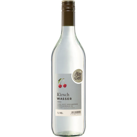 Das Kirschwasser 40% (1L) von Alde Gott Edelbrände Schwarzwald wird in einer klaren Glasflasche mit silbernem Verschluss und einem Etikett, auf dem zwei Kirschen abgebildet sind, geliefert.