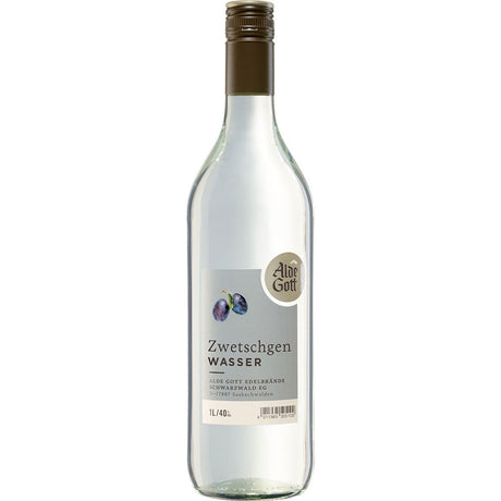 Alde Gott Edelbrände Schwarzwald präsentiert seinen Klassiker Zwetschgenwasser 40% in der klaren 1L Flasche mit Silberkappe und Pflaumenetikett - ein echter Schwarzwälder Obstbrand.