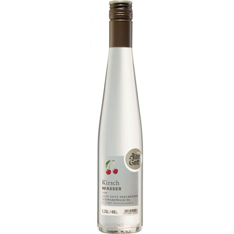 Eine hohe, klare Flasche Alde Gott Schwarzwälder Kirschwasser 40% 0,35 Liter von Alde Gott Edelbrände Schwarzwald, mit einem silbernen Verschluss und einer Kirschenillustration auf dem Etikett.
