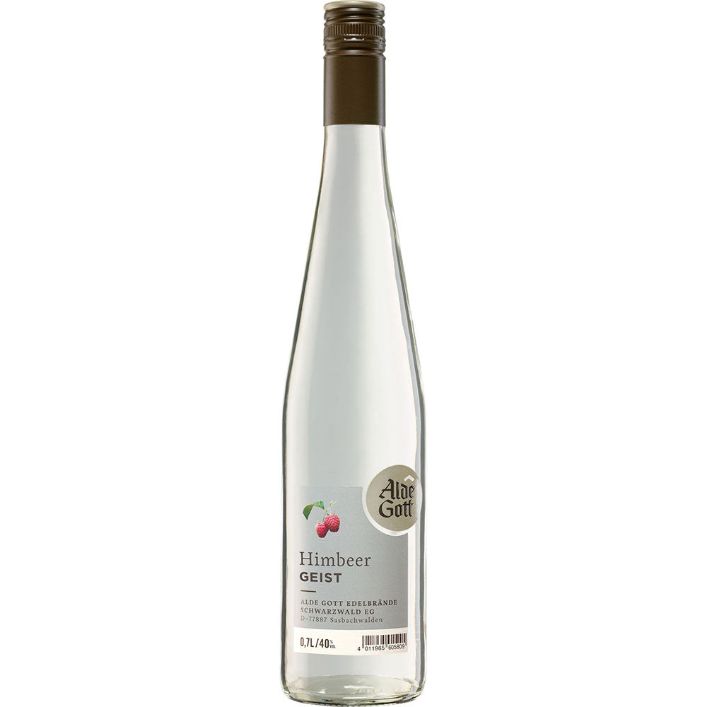 Der Waldhimbeergeist 40% (0,35L) von Alde Gott Edelbrände Schwarzwald kommt in einer Klarglasflasche mit silbernem Verschluss und Himbeerabbildung daher - eine klassische Spezialität aus dem Schwarzwald.