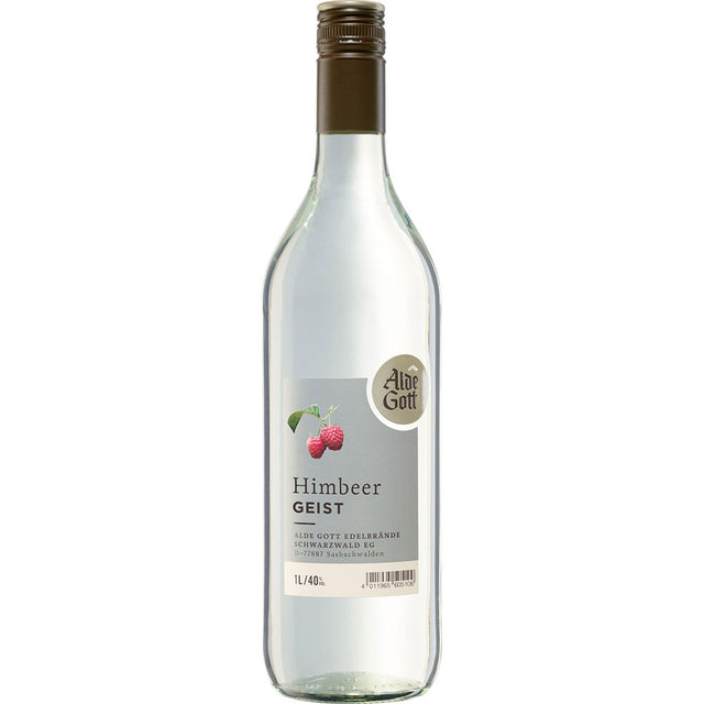 Eine Klarglasflasche von Alde Gott Edelbrände Schwarzwald Waldhimbeergeist 40% 1 Liter mit grauem Etikett und braunem Verschluss.