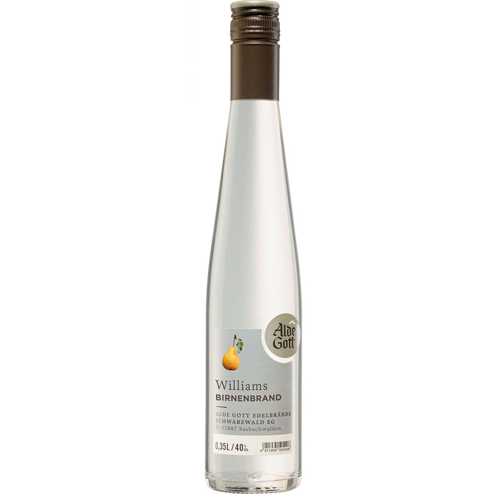 Alde Gott Edelbrände Schwarzwald Williams Christ Birnenbrand 40% 0,35L kommt in einer hohen, klaren Flasche mit silbernem Verschluss und einem Etikett mit einer Birnenillustration.