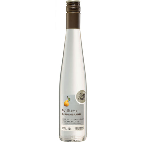 Alde Gott Edelbrände Schwarzwald Williams Christ Birnenbrand 40% 0,35L kommt in einer hohen, klaren Flasche mit silbernem Verschluss und einem Etikett mit einer Birnenillustration.