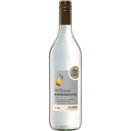 Alde Gott Williams Christ Birnenbrand 40% 1 Liter von Alde Gott Edelbrände Schwarzwald ist ein Premium-Birnenbrand in einer klaren Flasche mit silbernem Verschluss und einem Birnenmotiv auf dem Etikett.