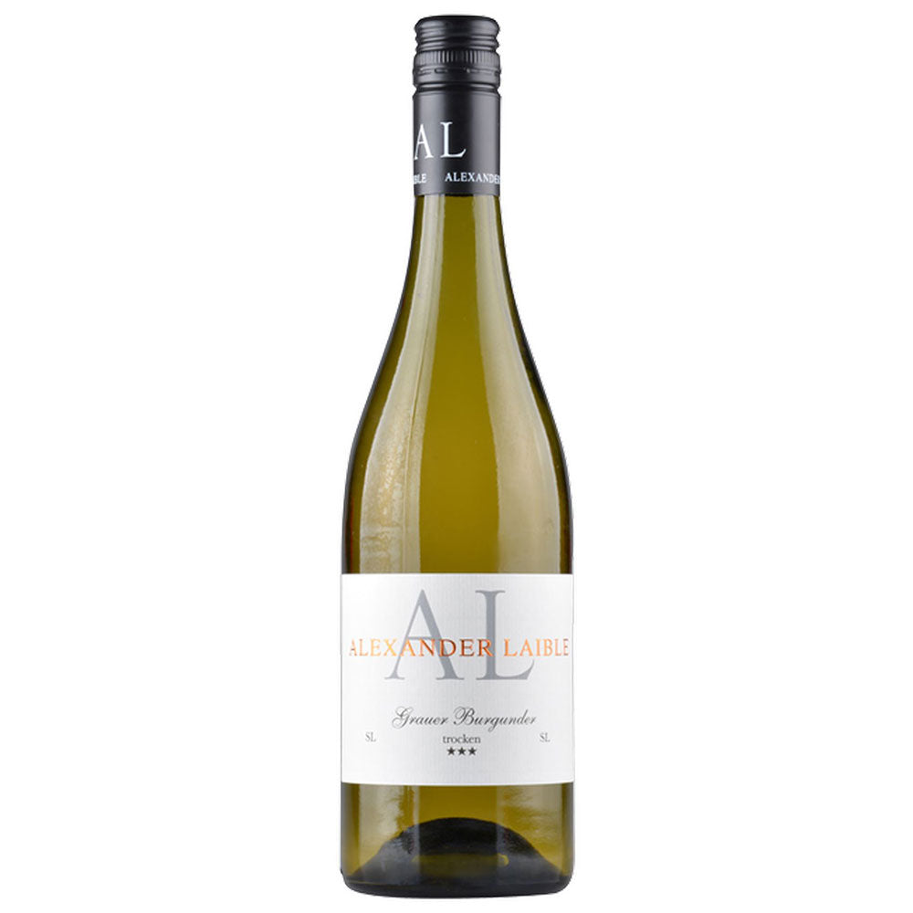 Eine Flasche Alexander Laible Grauer Burgunder SL 3* trocken 2025 - ein eleganter badischer Weißwein mit weißem Etikett und schwarzem Schraubverschluss, ideal für Fans von Grauburgunder trocken.