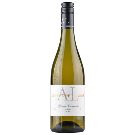 Eine Flasche Alexander Laible Grauer Burgunder SL 3* trocken 2025 - ein eleganter badischer Weißwein mit weißem Etikett und schwarzem Schraubverschluss, ideal für Fans von Grauburgunder trocken.