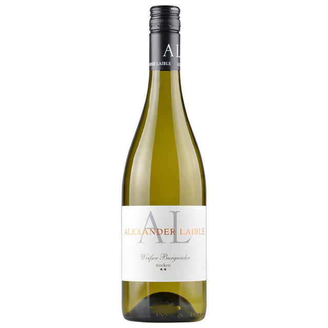 Eine Flasche Alexander Laible Weißer Burgunder 2* trocken 2025, ein deutscher Weißwein von Alexander Laible, mit weißem Etikett und schwarzem Schraubverschluss.
