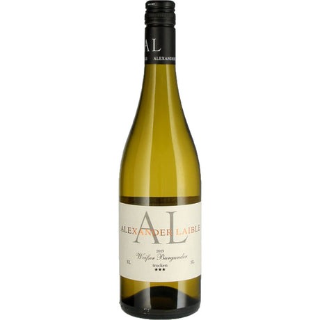 Eine Flasche Alexander Laible Weißer Burgunder SL trocken 2024 Weißwein mit weißem Etikett, hergestellt in Durbach.