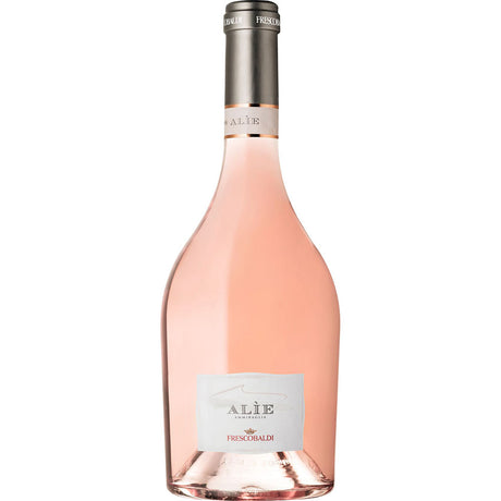Eine Flasche Frescobaldi Alie Rosé IGT 2024 mit zartrosa Farbton und weißem Etikett ist der Beweis für die Eleganz der berühmten Marke Frescobaldi aus der Toskana.