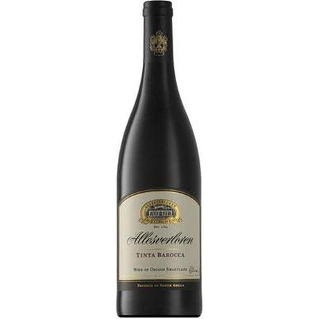 Eine Flasche Tinta Barocca 2020 von Allesverloren Wine Estate, ein südafrikanischer Rotwein aus Swartland mit einem cremefarbenen und goldenen Etikett.