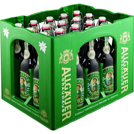 Ein grüner Kasten mit 20 dunklen Glasflaschen (je 0,5 l) Allgäuer Büble Edelbräu, alle mit Flip-Top-Verschluss - ideal für den Genuss des Bierklassikers der Marke Allgäuer Büble.