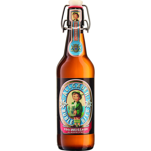 Das Allgäuer Büble Edelweißbier Alkoholfrei Bügel 20x0,5L (MEHRWEG) ist in einer Braunglasflasche mit buntem Kinderetikett erhältlich und bietet einen erfrischenden, alkoholfreien Weißbiergeschmack.