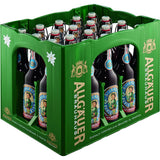 Eine grüne Kiste mit 20 Flaschen Allgäuer Büble Edelweißbier Alkoholfrei Bügel 0,5L (Mehrweg), mit klassischem Bügelverschluss.