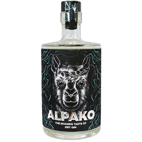 Eine 0,5-Liter-Flasche Alpako Gin Dry Gin 43% mit einem schwarzen Etikett, auf dem ein Alpaka-Gesicht abgebildet ist, spiegelt den einzigartigen Charakter dieser Premium-Spirituose wider.