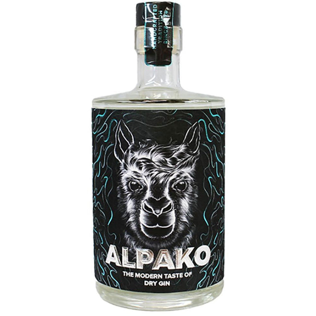 Eine 0,5-Liter-Flasche Alpako Gin Dry Gin 43% mit einem schwarzen Etikett, auf dem ein Alpaka-Gesicht abgebildet ist, spiegelt den einzigartigen Charakter dieser Premium-Spirituose wider.