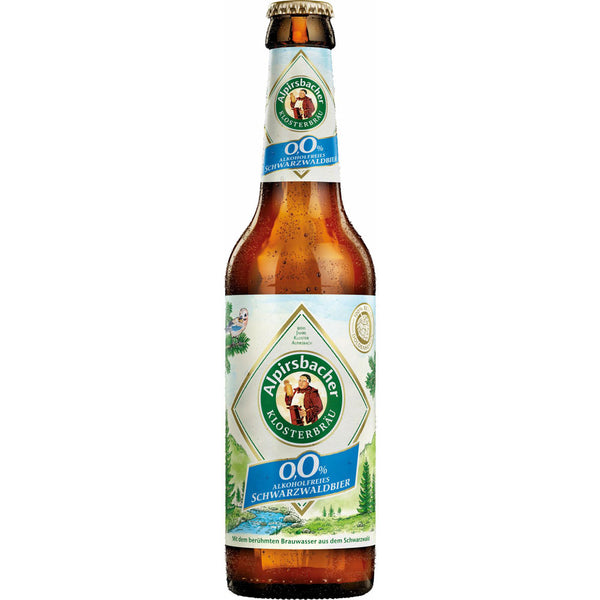 Eine Braunglasflasche Alpirsbacher Klosterbräu Alkoholfreies Schwarzwaldbier 0,0%, Teil einer 24x0,33L Mehrwegpackung, mit einem detaillierten Etikett.