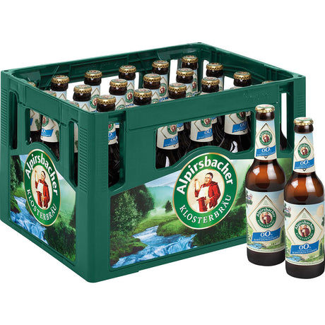 Ein grüner Alpirsbacher Klosterbräukasten, gefüllt mit 24x 0,33L Flaschen Alkoholfreies Schwarzwaldbier (Mehrweg), mit zwei Flaschen auf der Vorderseite.