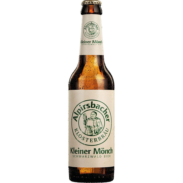 Eine Flasche Alpirsbacher Kleiner Mönch 24x 0,33 Liter (MEHRWEG) von Alpirsbacher Klosterbräu, ein Helles Bier mit weiß-grünem Etikett, liefert den wahren Geschmack des Schwarzwaldes.
