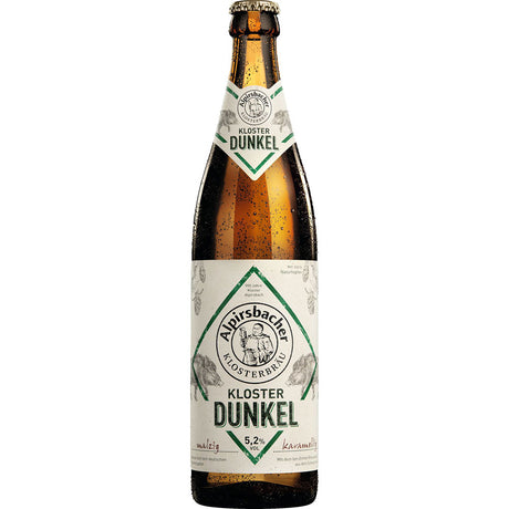 Eine 0,5-Liter-Flasche Alpirsbacher Kloster Dunkel (20er Pack, MEHRWEG) von Alpirsbacher Klosterbräu - ein klassisches Schwarzwaldbier mit weiß-grünem Etikett und 5,2% Alkoholgehalt.