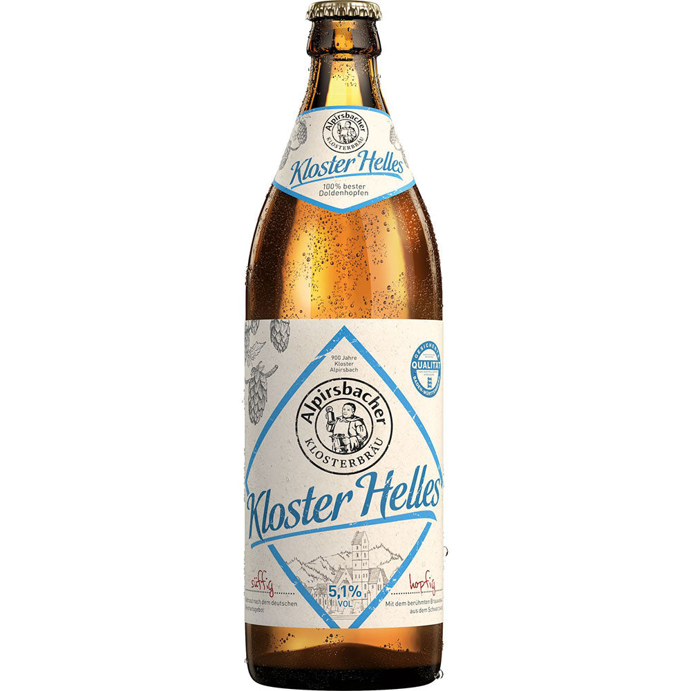 Eine 0,5L Braunglasflasche Kloster Helles von Alpirsbacher Klosterbräu (20er Pack), ein klassisches untergäriges Helles Schwarzwald Bier mit weiß-blauem Etikett und 5,1% Alkohol.