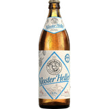 Eine 0,5L Braunglasflasche Kloster Helles von Alpirsbacher Klosterbräu (20er Pack), ein klassisches untergäriges Helles Schwarzwald Bier mit weiß-blauem Etikett und 5,1% Alkohol.
