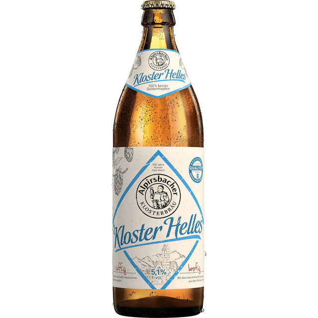Eine 0,5L Braunglasflasche Kloster Helles von Alpirsbacher Klosterbräu (20er Pack), ein klassisches untergäriges Helles Schwarzwald Bier mit weiß-blauem Etikett und 5,1% Alkohol.