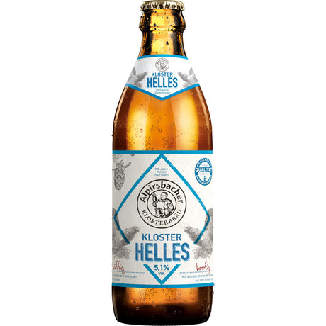 Alpirsbacher Klosterbräu's Kloster Helles 20x0,33L (MEHRWEG) ist ein klassisches untergäriges Helles Schwarzwald Bier mit 5,1% ABV, angeboten in traditionellen Flaschen.